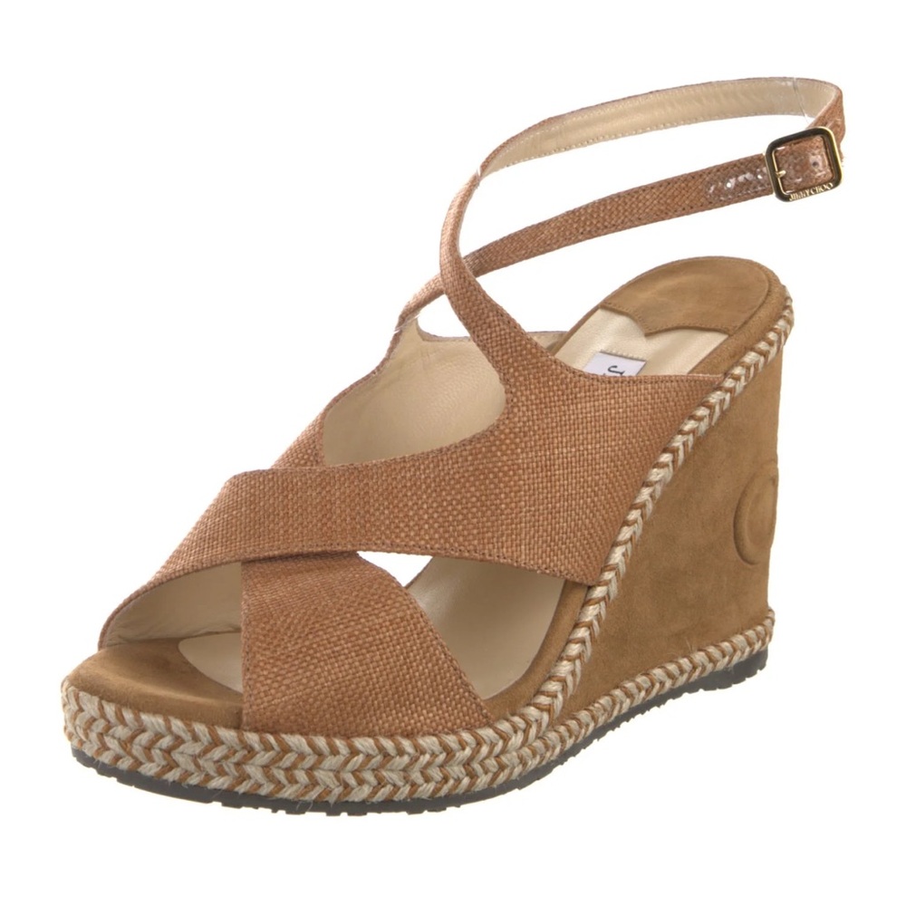 EUC Jimmy Choo Tan Wedge with “Choo” Embossed on Heel
